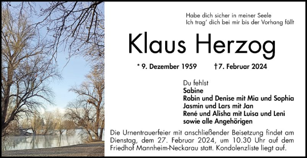  Traueranzeige für Klaus Herzog vom 17.02.2024 aus Mannheimer Morgen