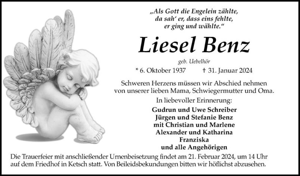  Traueranzeige für Liesel Benz vom 17.02.2024 aus Schwetzinger Zeitung