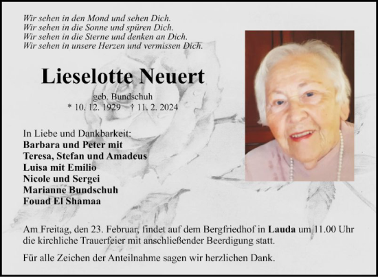 Traueranzeige von Lieselotte Neuert von Fränkische Nachrichten