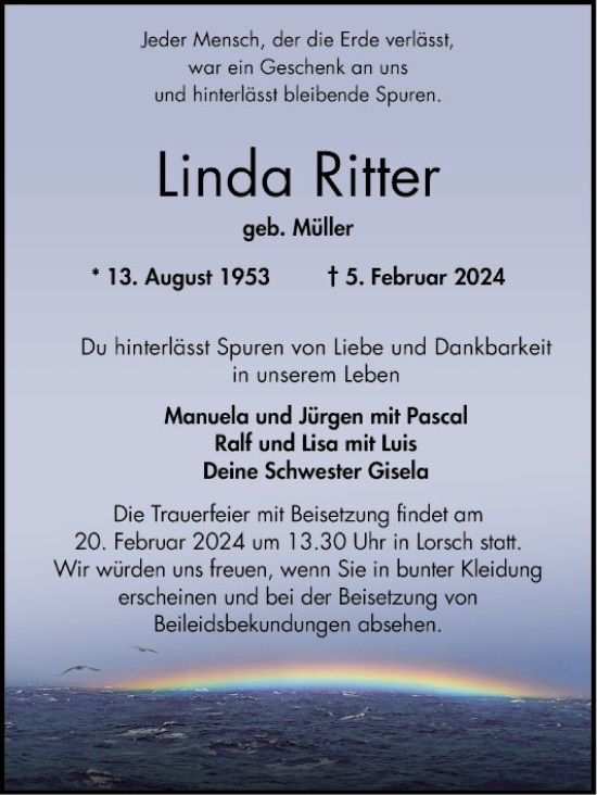 Traueranzeige von Linda Ritter von Bergsträßer Anzeiger