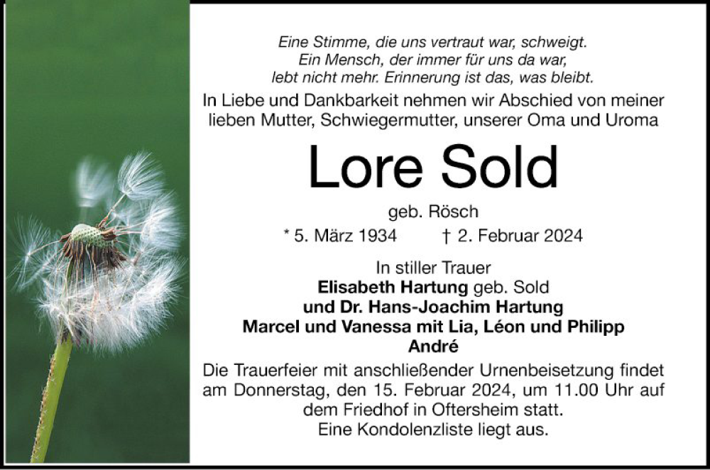  Traueranzeige für Lore Sold vom 10.02.2024 aus Schwetzinger Zeitung