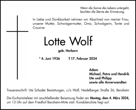 Traueranzeige von Lotte Wolf von Bergsträßer Anzeiger