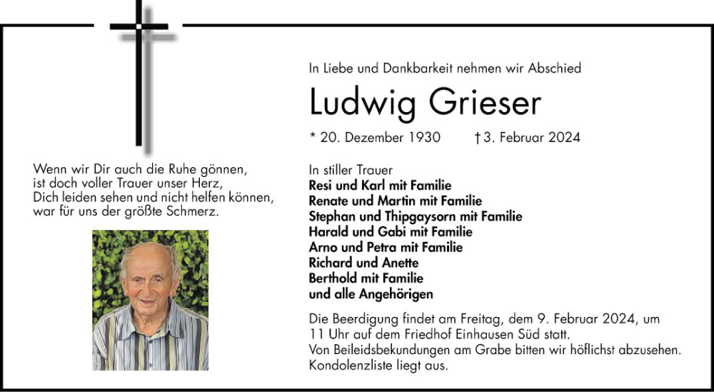  Traueranzeige für Ludwig Grieser vom 07.02.2024 aus Bergsträßer Anzeiger