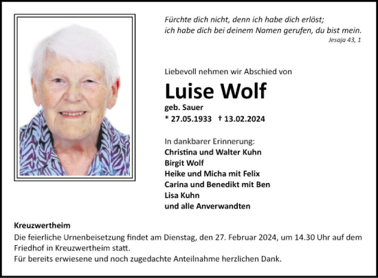 Traueranzeige von Luise Wolf von Fränkische Nachrichten