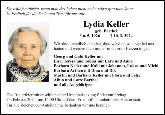 Traueranzeige von Lydia Keller von Fränkische Nachrichten