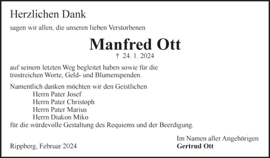 Traueranzeige von Manfred Ott von Fränkische Nachrichten