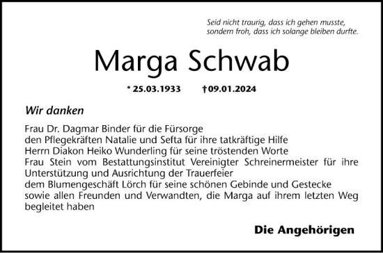 Traueranzeige von Marga Schwab von Schwetzinger Zeitung