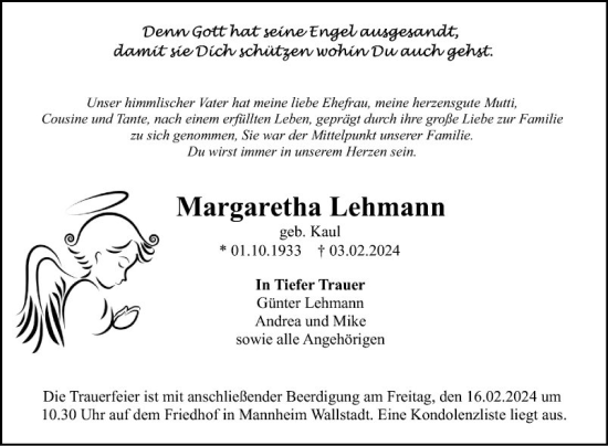 Traueranzeige von Margaretha Lehmann von Mannheimer Morgen