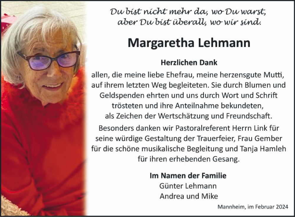  Traueranzeige für Margaretha Lehmann vom 24.02.2024 aus Mannheimer Morgen