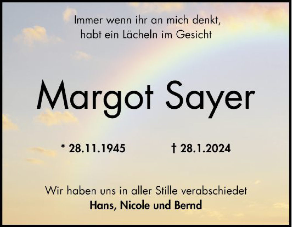  Traueranzeige für Margot Sayer vom 10.02.2024 aus Schwetzinger Zeitung