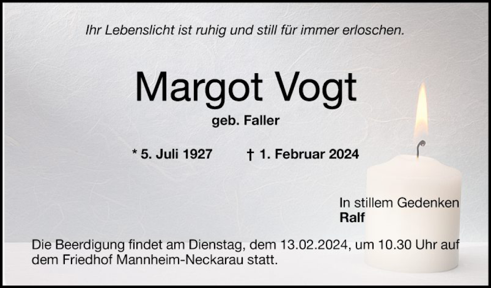  Traueranzeige für Margot Vogt vom 10.02.2024 aus Mannheimer Morgen