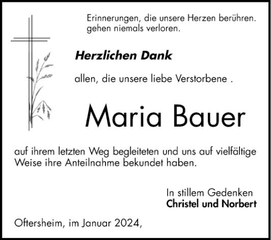 Traueranzeige von Maria Bauer von Schwetzinger Zeitung
