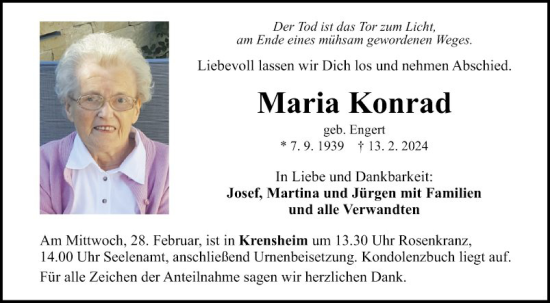 Traueranzeige von Maria Konrad von Fränkische Nachrichten