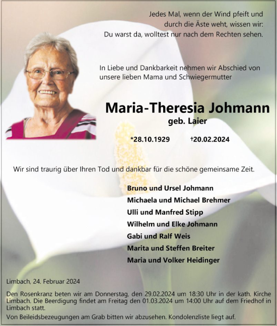 Traueranzeige von Maria-Theresia Johmann von Fränkische Nachrichten