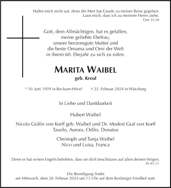 Traueranzeige von Marita Waibel von Fränkische Nachrichten