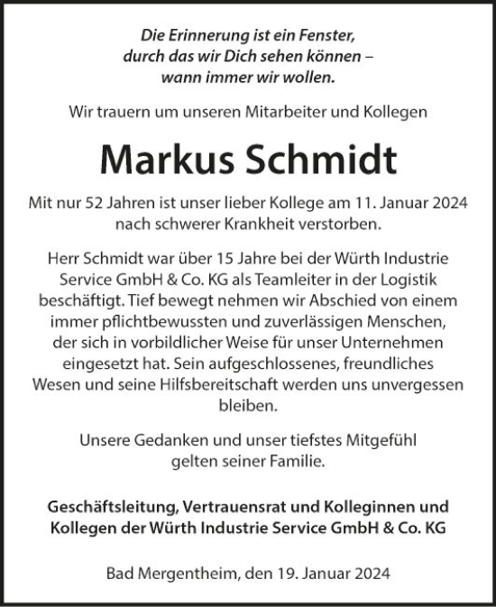 Traueranzeige von Markus Schmidt von Fränkische Nachrichten
