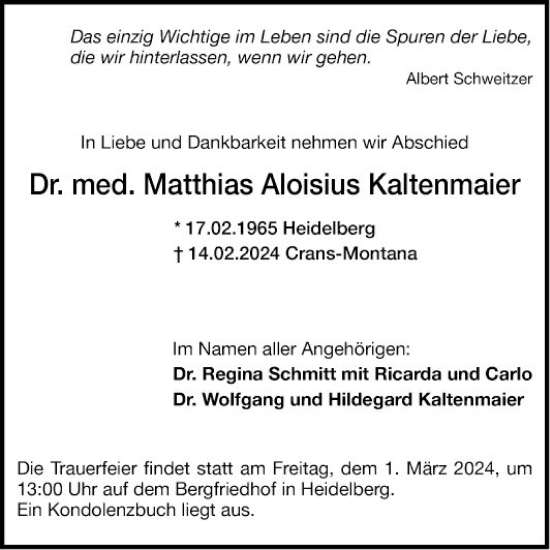 Traueranzeige von Matthias Aloisius Kaltenmaier von Schwetzinger Zeitung