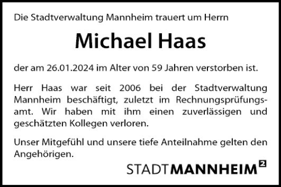 Traueranzeige von Michael Haas von Mannheimer Morgen