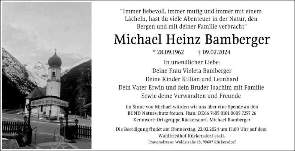  Traueranzeige für Michael Heinz Bamberger vom 21.02.2024 aus Fränkische Nachrichten