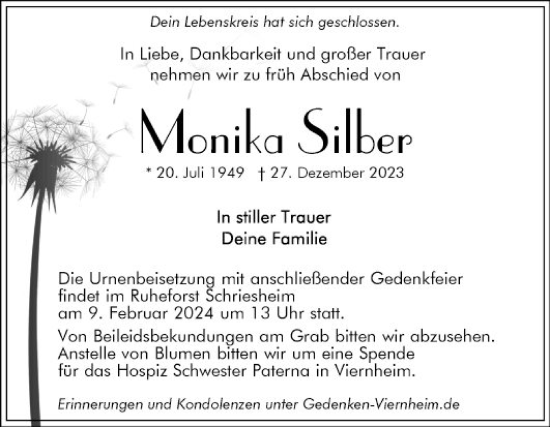 Traueranzeige von Monika Silber von Bergsträßer Anzeiger