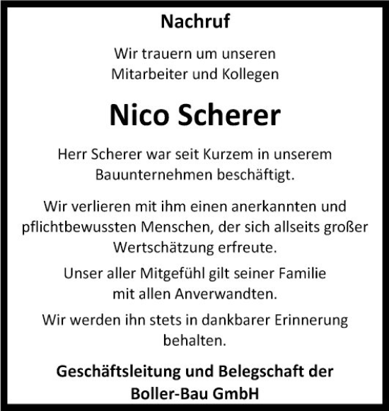 Traueranzeige von Nico Scherer von Fränkische Nachrichten