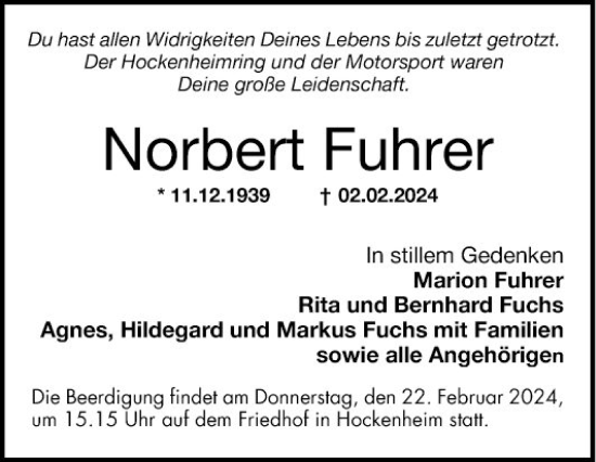 Traueranzeige von Norbert Fuhrer von Schwetzinger Zeitung