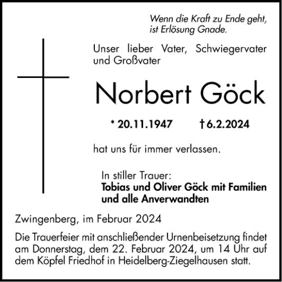 Traueranzeige von Norbert Göck von Schwetzinger Zeitung