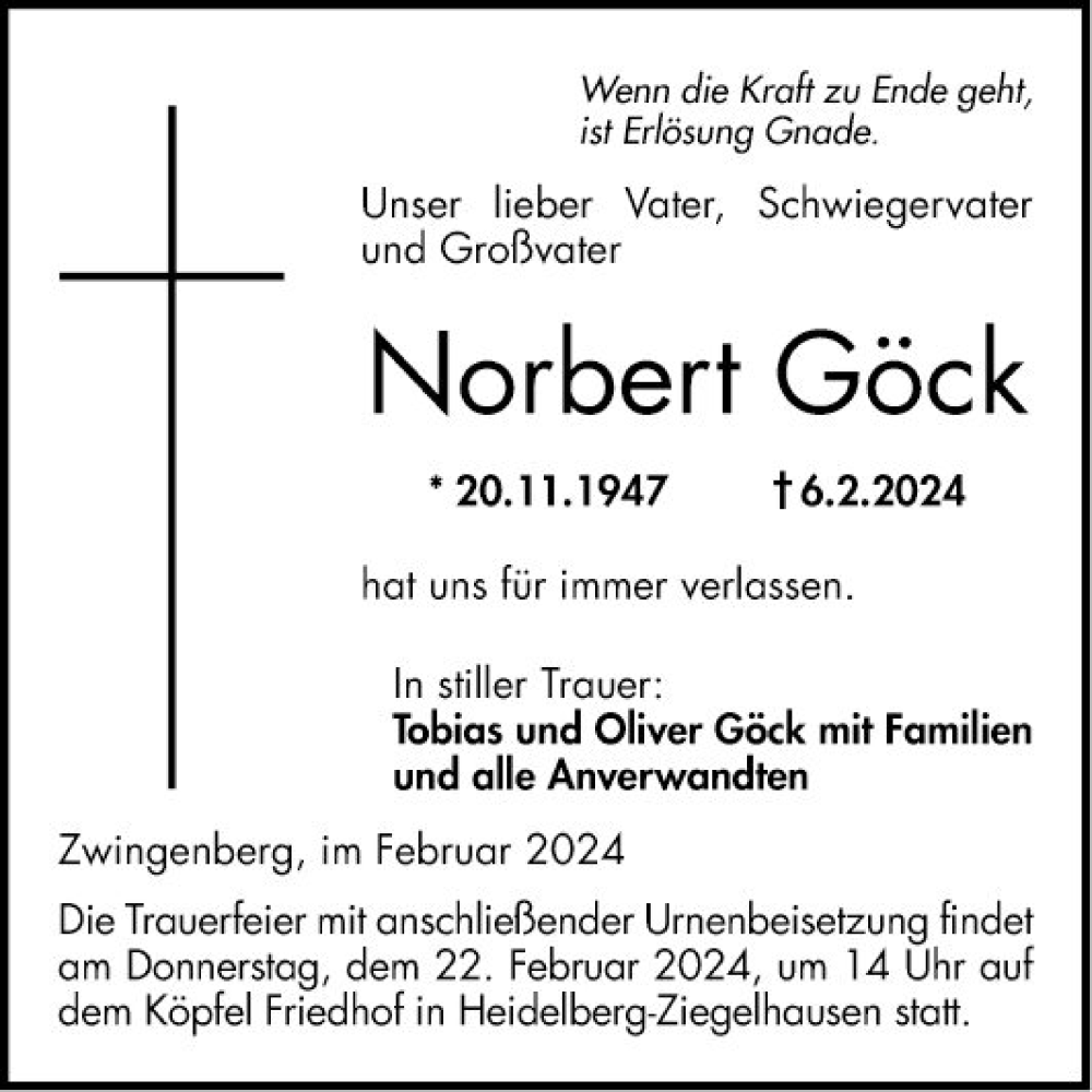  Traueranzeige für Norbert Göck vom 17.02.2024 aus Bergsträßer Anzeiger