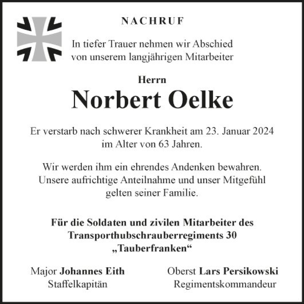  Traueranzeige für Norbert Oelke vom 02.02.2024 aus Fränkische Nachrichten