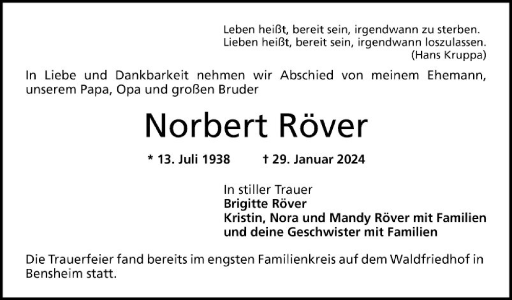  Traueranzeige für Norbert Röver vom 24.02.2024 aus Bergsträßer Anzeiger