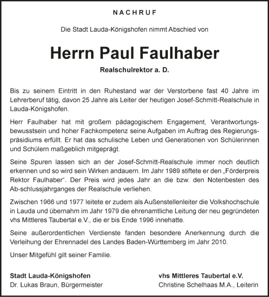  Traueranzeige für Paul Faulhaber vom 24.02.2024 aus Fränkische Nachrichten