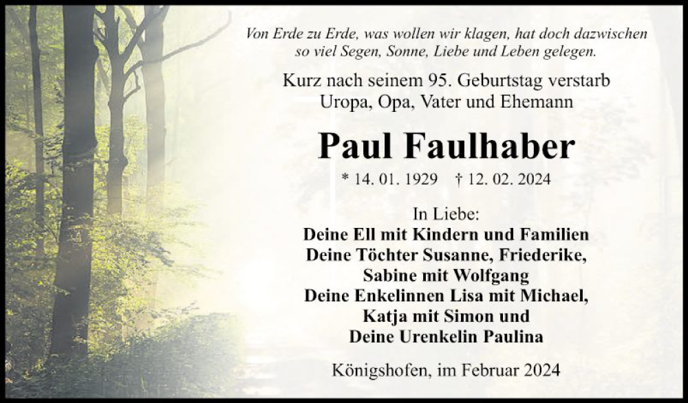 Traueranzeige für Paul Faulhaber vom 24.02.2024 aus Fränkische Nachrichten
