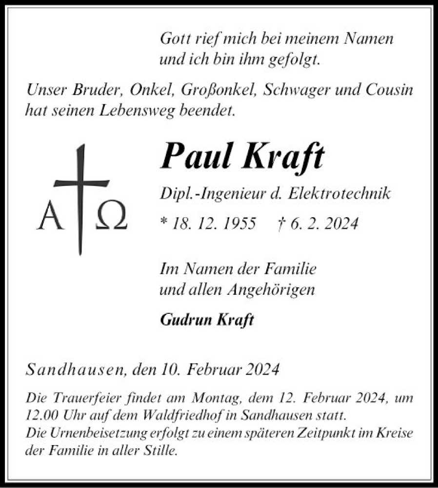  Traueranzeige für Paul Kraft vom 10.02.2024 aus Schwetzinger Zeitung