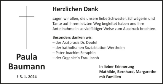 Traueranzeige von Paula Baumann von Fränkische Nachrichten