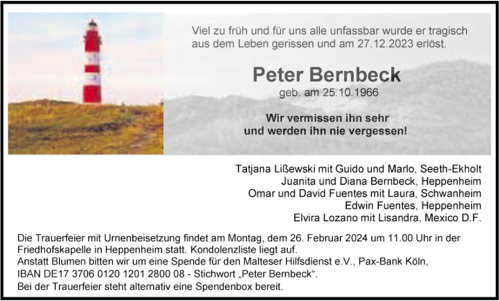  Traueranzeige für Peter Bernbeck vom 17.02.2024 aus Bergsträßer Anzeiger
