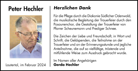 Traueranzeige von Peter Hechler von Bergsträßer Anzeiger