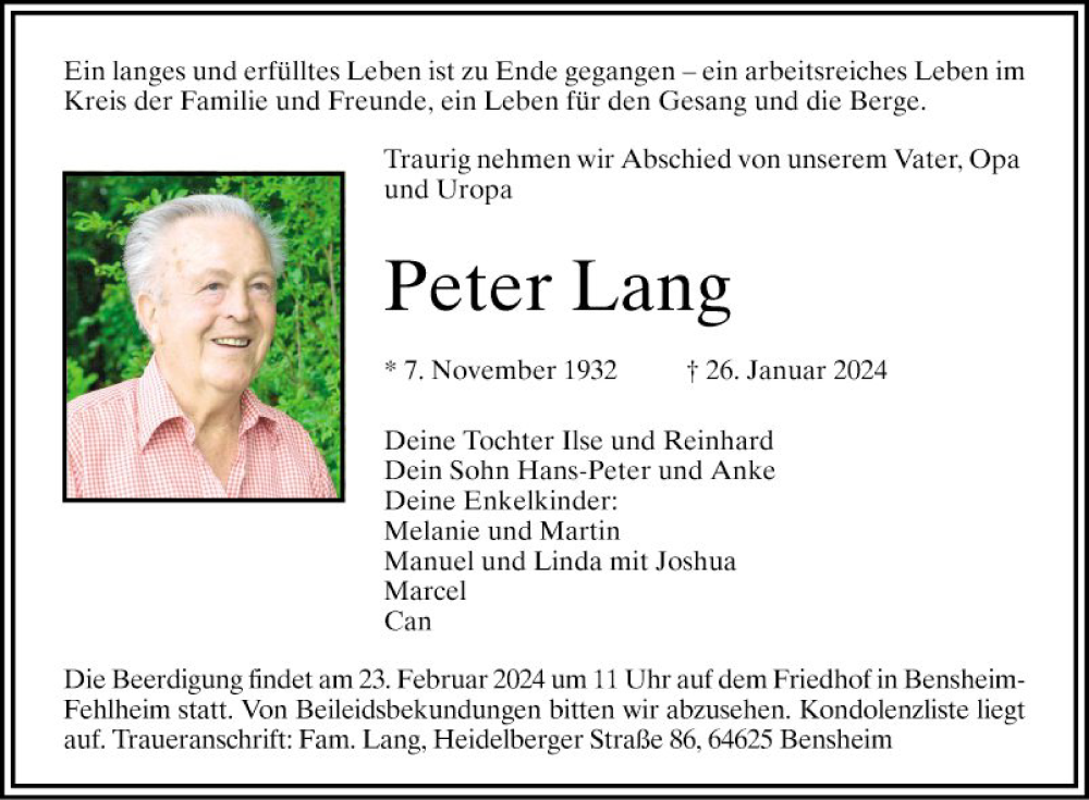  Traueranzeige für Peter Lang vom 17.02.2024 aus Bergsträßer Anzeiger