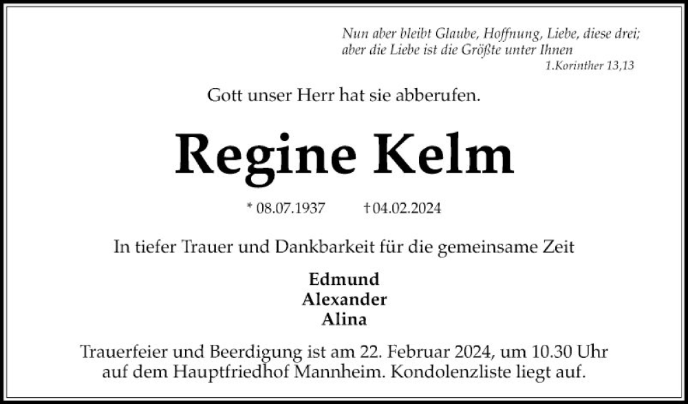 Traueranzeige für Regine Kelm vom 17.02.2024 aus Mannheimer Morgen