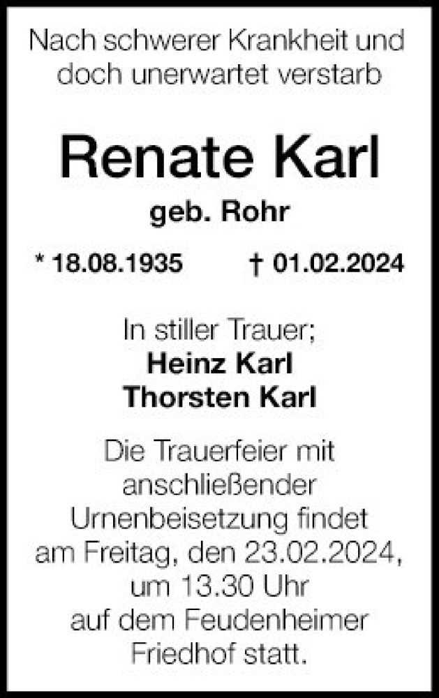  Traueranzeige für Renate Karl vom 16.02.2024 aus Mannheimer Morgen