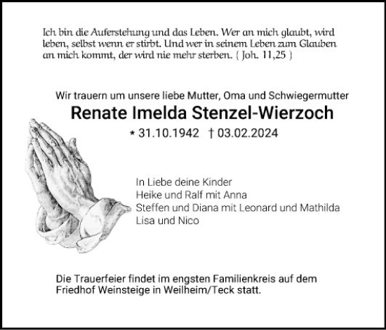 Traueranzeige von Renate Imelda Stenzel-Wierzoch von Fränkische Nachrichten