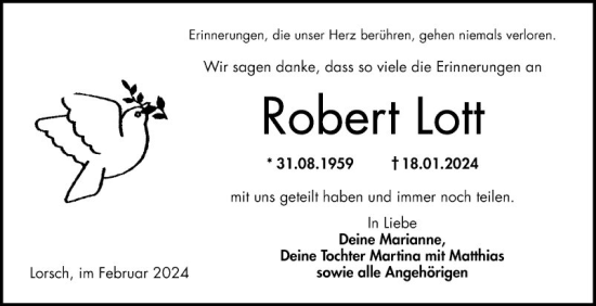 Traueranzeige von Robert Lott von Bergsträßer Anzeiger