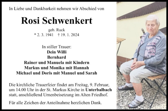 Traueranzeige von Rosi Schwenken von Fränkische Nachrichten
