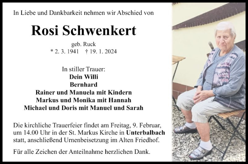  Traueranzeige für Rosi Schwenken vom 03.02.2024 aus Fränkische Nachrichten