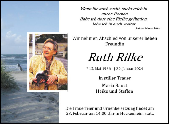 Traueranzeige von Ruth Rilke von Schwetzinger Zeitung