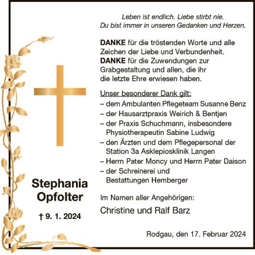  Traueranzeige für Stephania Opfolter vom 17.02.2024 aus Fränkische Nachrichten