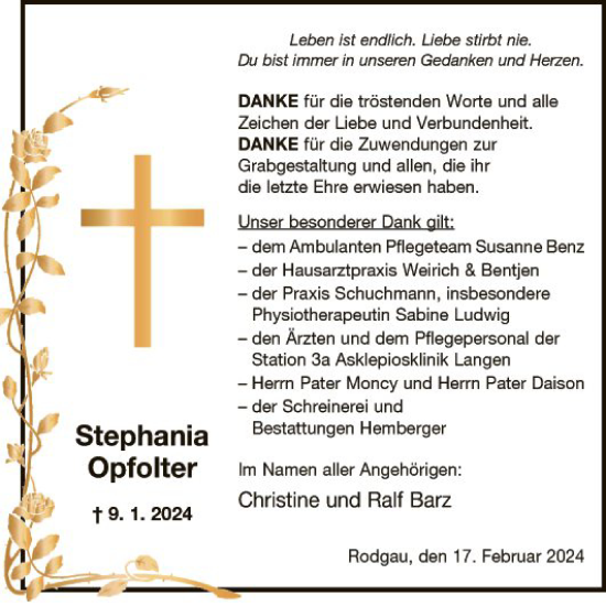 Traueranzeige von Stephania Opfolter von Fränkische Nachrichten