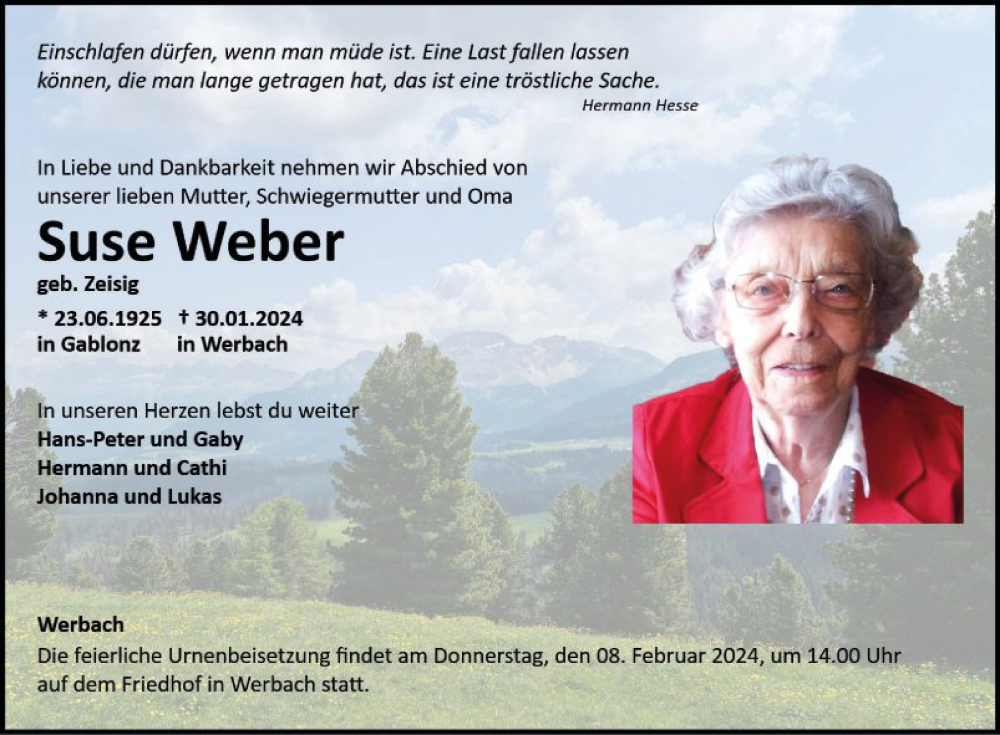 Traueranzeige für Suse Weber vom 03.02.2024 aus Fränkische Nachrichten