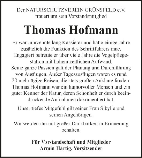Traueranzeige von Thomas Hofmann von Fränkische Nachrichten