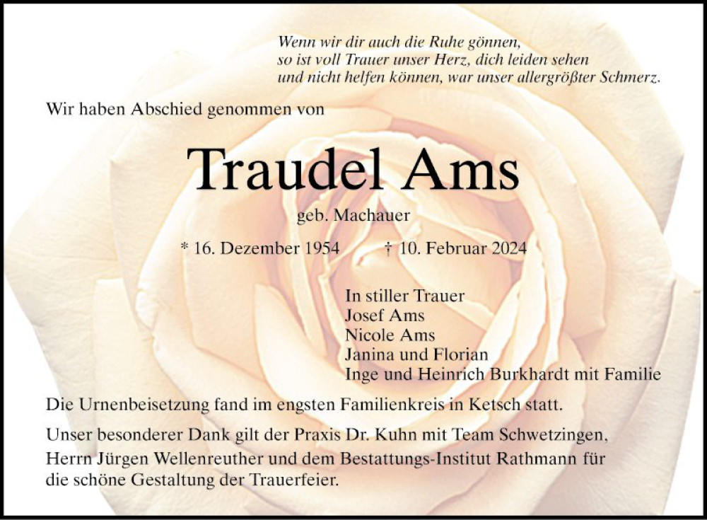  Traueranzeige für Traudel Ams vom 24.02.2024 aus Schwetzinger Zeitung
