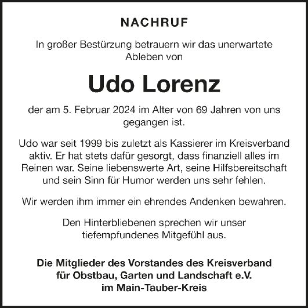  Traueranzeige für Udo Lorenz vom 22.02.2024 aus Fränkische Nachrichten
